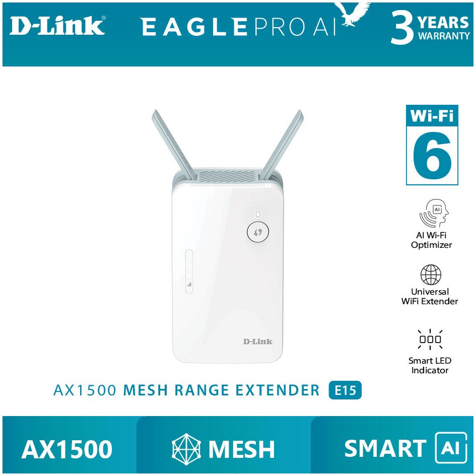 D-Link E15 Eagle Pro AI AX1500 Smart Wireless WiFi 6 Mesh Range Extender / Dlink E15 / 3yrs Warranty