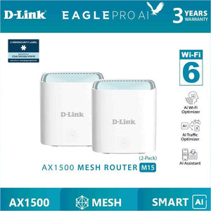 D-Link Eagle Pro AI Wireless AX1500 Wifi 6 Mesh Router System with AI Parental control - M15 (2 Pack) | CSA Approved