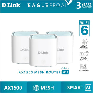 D-Link Eagle Pro AI Wireless AX1500 Wifi 6 Mesh Router System with AI Parental control - M15 (3 Pack) | CSA Approved