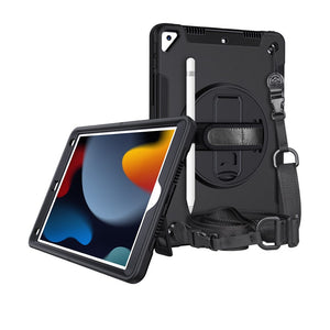 Rugged Shock and Drop Resistant 360 Rotating Casing for iPad 10.2 / iPad 10.9 Gen 10 / iPad 10.9 Air 4/5 w/ Strap black