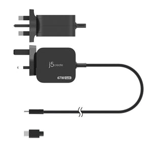 J5 Create 67W GAN PD USB C Mini Charger 1.8Meter JUP1565NF Travel Ready Compact Design Type C