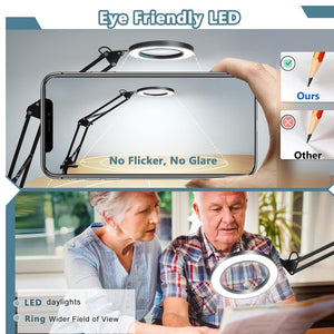 LED Desktop Magnifier 5X Magnification with Light , Adjustable Swing Arm Desk Lamp Table Arm Mount magnifier