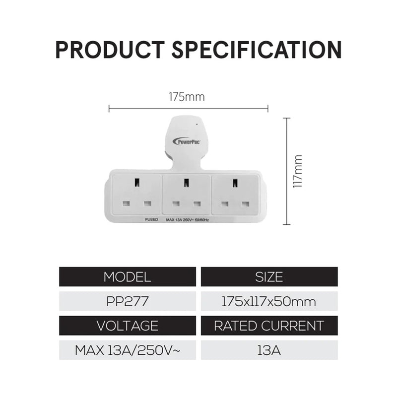 Powerpac 3Way Wall Socket Power Extension Power Socket PP277 ...