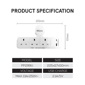 Powerpac  3W Wall socket Power Wall Extension Pug with 1x USB C & 1x USB-A Port Charger PP299U