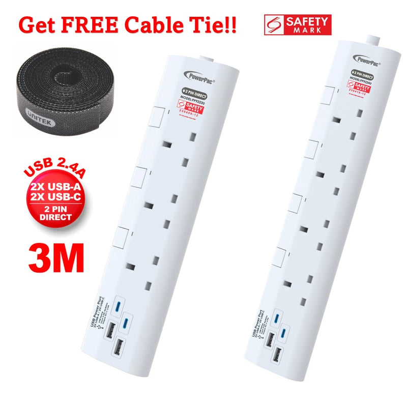 Powerpac 3W / 4W Power Extension Socket Extension 3Meter with 2xUSB-A ...