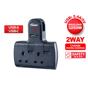 Powerpac 2 Way Socket Extension with USB A and USB C Port PP292UBK / T Multi plug Extension Adaptor