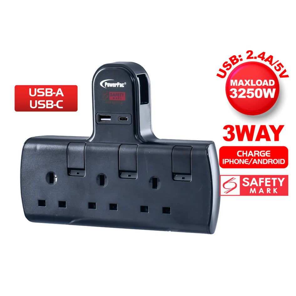 Powerpac 3 Way Socket EXtension with USB A and USB C Port PP293UBK / T Multi plug Extension Adaptor