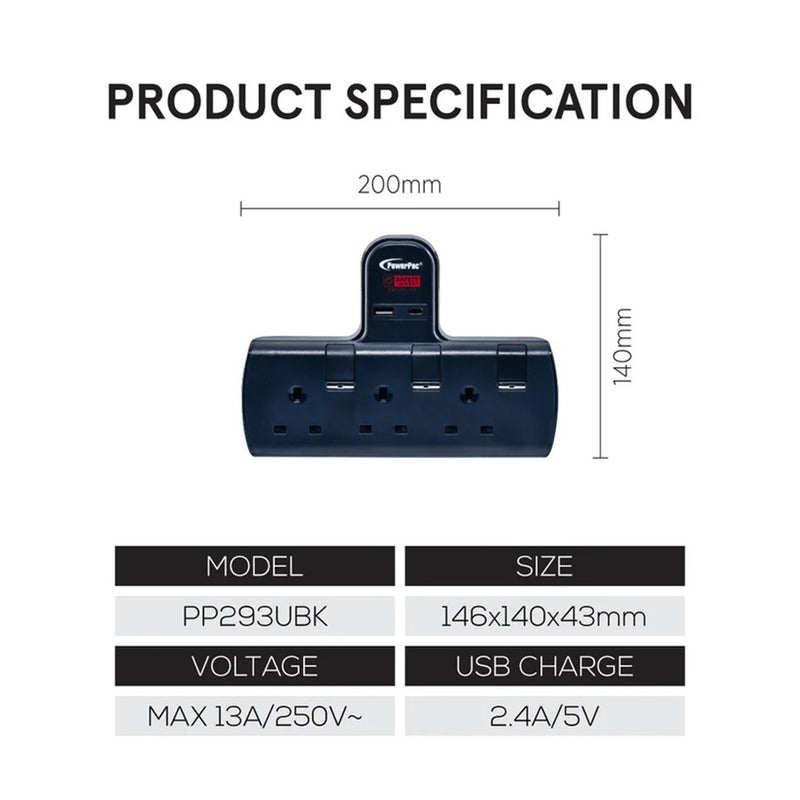 Powerpac 3 Way Socket EXtension with USB A and USB C Port PP293UBK / T ...