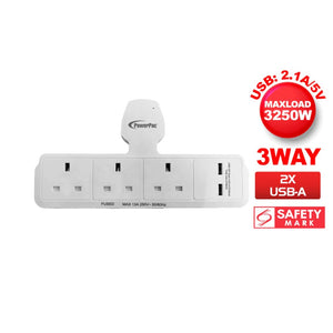 Powerpac 3 Way Wall socket Power Wall Extension Pug with 2x USB-A Port Charger PP288U