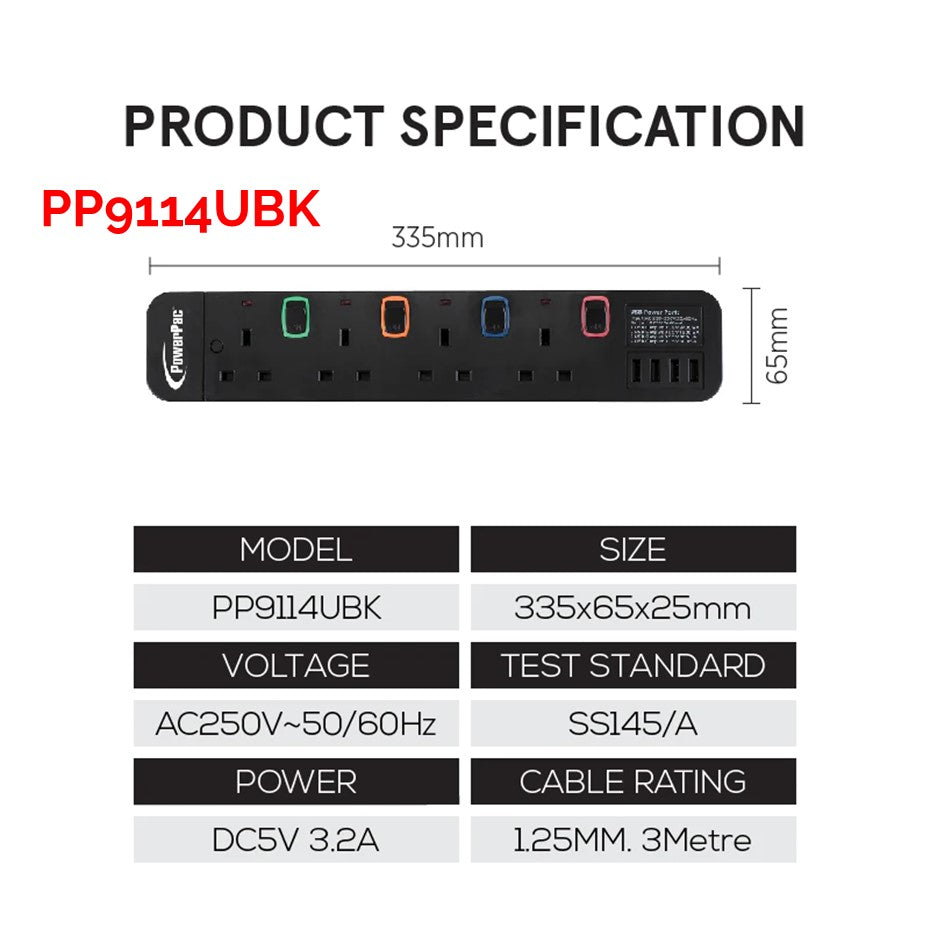 Powerpac 3W/4W/5W/6W Power  Extension Socket Extension with 4x USB Port Charger
