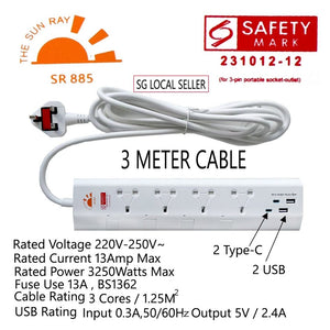 SUNRAY 4Way- 3Meter with 2x USB-C Type C and  2x USB-A Extension Socket with Approve Safety Mark 3250Watts Max