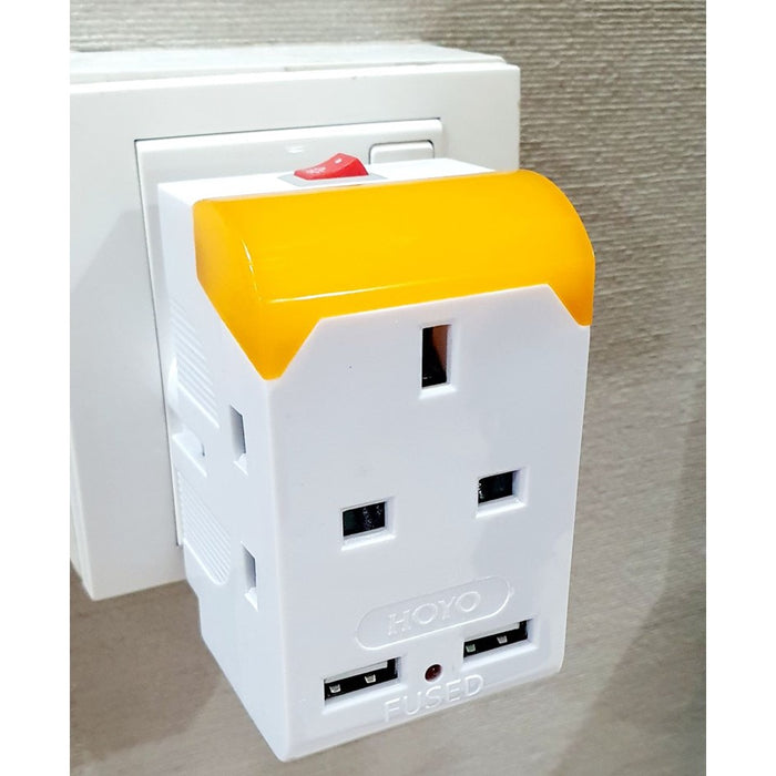3Way Adaptor with 2x USB Port and Night Light ( Warm White ) with Safety Mark