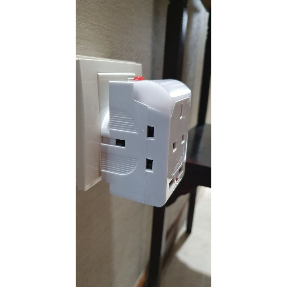 3Way Adaptor with 2x USB Port and Night Light ( White ) with Safety Mark