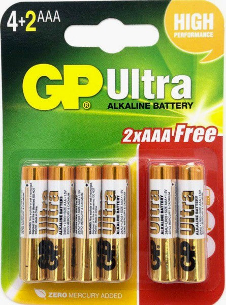 GP Alkaline Battery Size AAA LR03 1.5V  4+2 pc pak