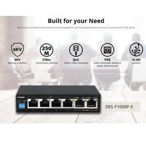 D-Link DES-F1006P-E 250M 6-Port 10/100 switch with 4 POE ports and 2 Uplink Ports