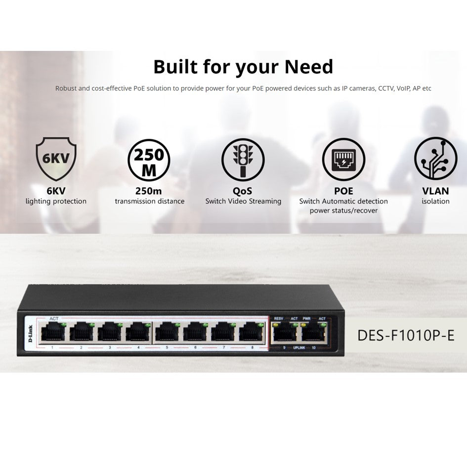 D-Link DES-F1010P-E 250M 10-Port Fast Ethernet Switch with 8 POE Ports and  2 Uplink Ports