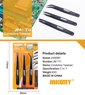 Conductive Tweezer 3in1 Set Fine / Flat/ Curve Tip JMT11 / JM-T11 Jakemy