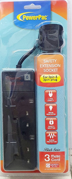 Powerpac  2 Way 3 Meter Extension Socket PP3882BK black (Safety Approved) Switch + Neon