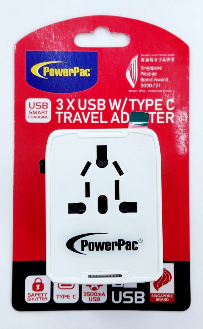 Universal Travel Adaptor with 3x USB + 1x Type C Europe /UK/ USA /Australia Powerpac PP7980