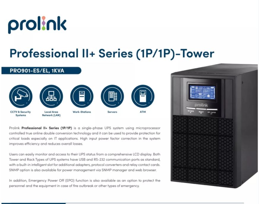 Prolink PRO901-ES 1000VA / 900W Pure Sine-Wave Online UPS Uninterruptible Power Supply with AVR (3x Universal Sockets) for Data Center, Medical Equipment, Office Workplace, ATM and Kiosk machine