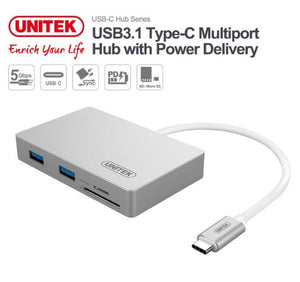 Unitek Y9319 Usb3 Type C Multiport Hub With Power Delivery ( 2-Port Sd / Microsd Card Reader + 2-Port Usb3.0)